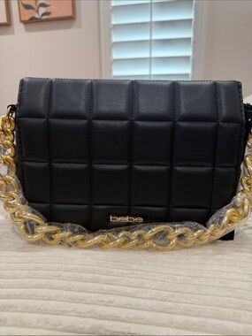 bebe Quilted Black Shoulder Bag with Gold Chain Accent
